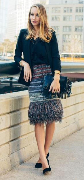 Party Looks and Presents for all your holiday needs, metallic sequin striped skirt with fringe and feathers, black fringe clutch, black top