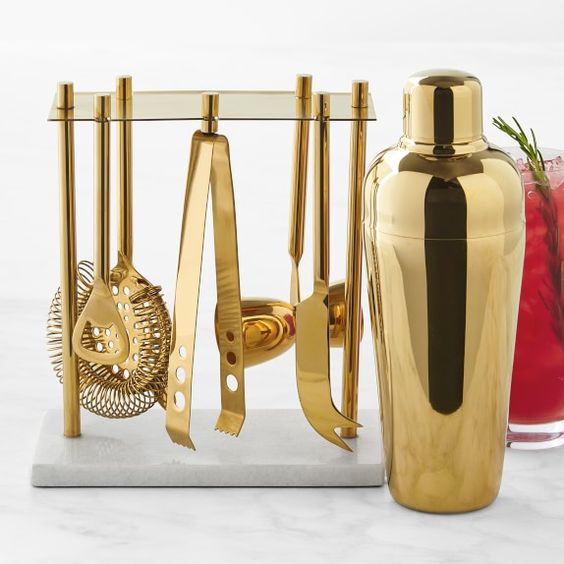 Party Looks and Presents for all your Holiday needs, William Sonoma gold bar tools set with cocktail shaker