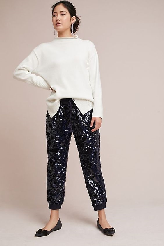 Must-Have Casual Cozy Loungewear, sequin joggers and sweater, Anthropologie Harlyn Oro Sequin joggers