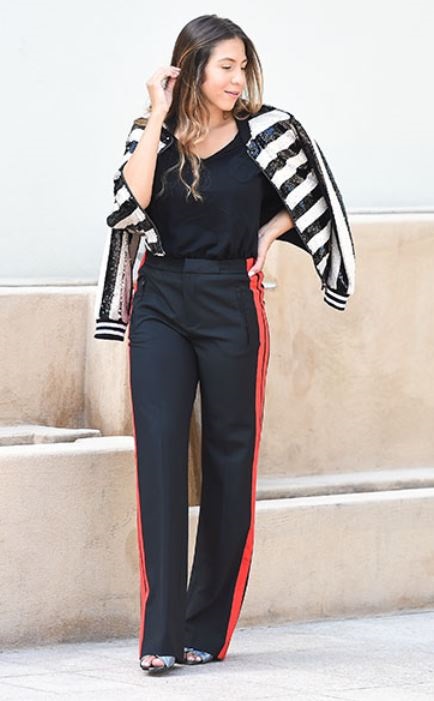 Must-Have Casual Cozy Loungewear, track jacket, TopShop sequin stripe bomber jacket with black and red stripe track pants