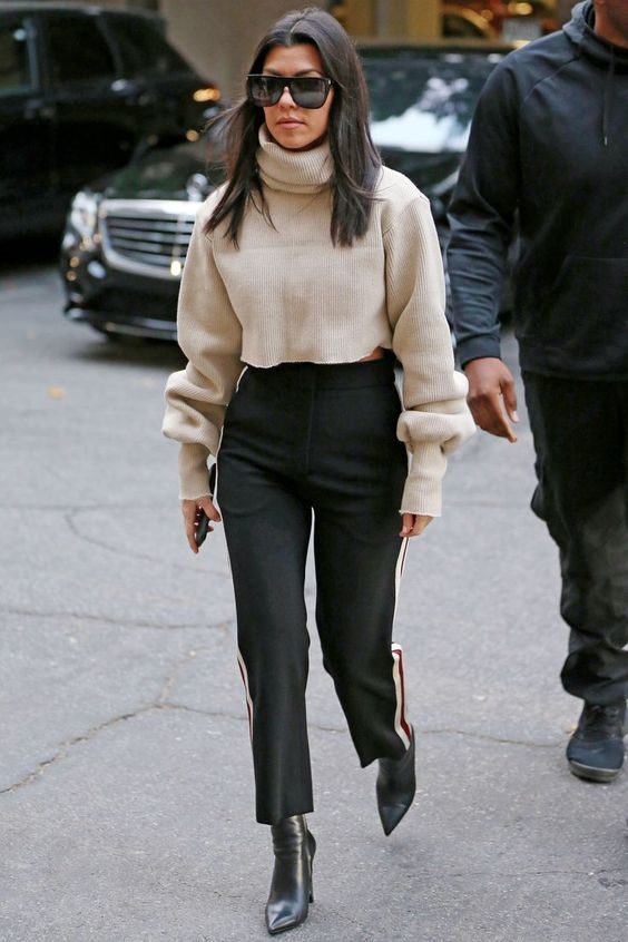 Must-Have Casual Cozy Loungewear, women's track pants and sweater, Kourtney Kardashian sweater and black cropped track pants