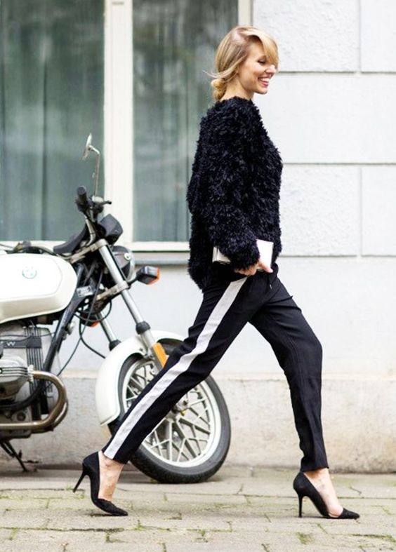 Must-Have Casual Cozy Loungewear, women's track pants, black track pants with black sweater and high heels