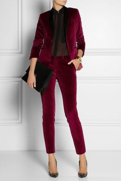 Are Pants the New  Outfit du Jour?, women's pant suit, women's satin-trimmed burgundy velvet tuxedo pants and blazer