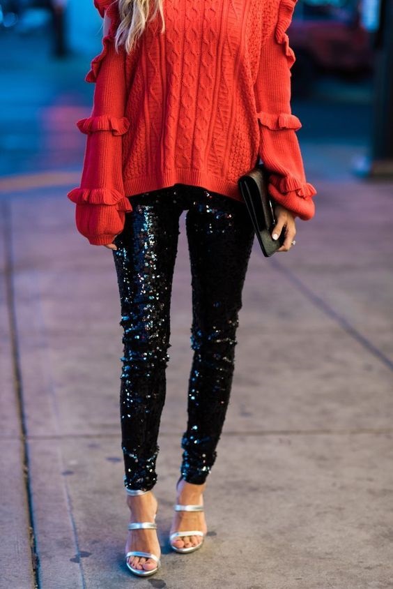 red sequin pants red sweater holiday look, j'adore couture