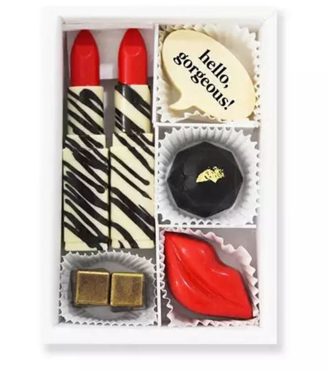 Galentine's Day Gifts & Glam, Galentine's gift Maggie Lousie lipstick, lips chocolate box