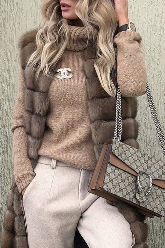 New Ways to Style Winter Sweaters, Turtleneck Sweater and long fur vest with pants