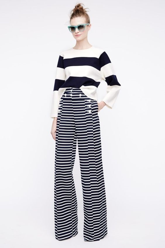 Style Rules to Break, don't mix prints, women's print outfit, black and white striped sailor pants with large black and white striped sweater