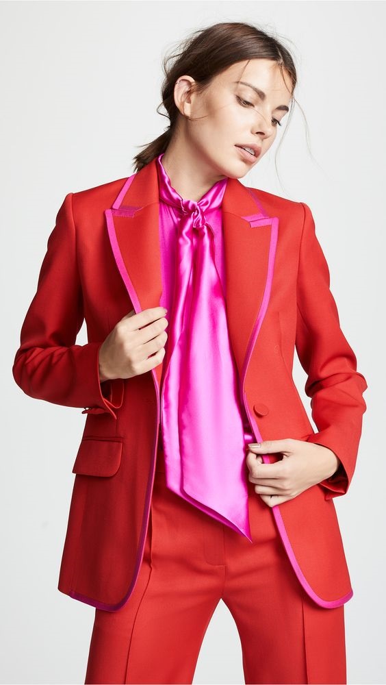 How To Look Stylish at the Office for Spring, Pallas red with pink trim blazer, fuchsia blouse, red pants
