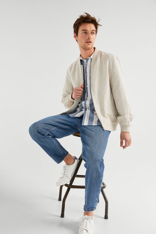 4 Easy Men's Outfit Ideas to Transition to Spring, bomber jacket and shirt, beige bomber jacket and striped shirt