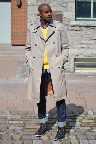 4 Easy Men's Outfit Ideas to Transition to Spring, men's trench coat and spring sweater, beige trench coat, yellow sweater jeans