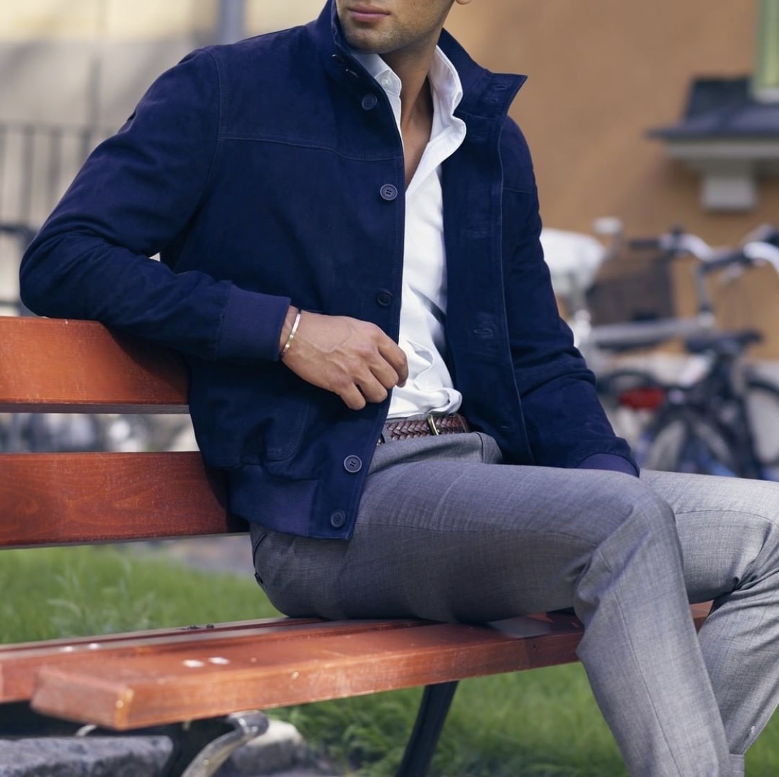 4 Easy Outfit Ideas to Transition to Spring-Men’s, suede jacket and pants, Grand Frank blue suede jacket and gray pants