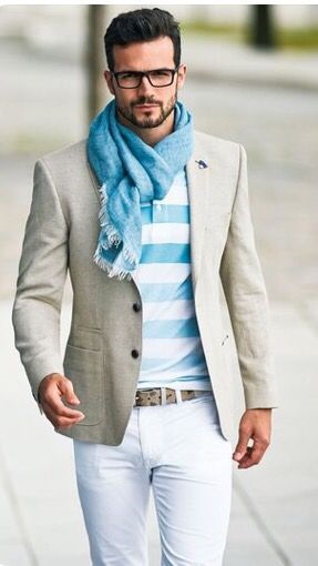 men's easter outfit, white jeans, tan blazer, pastel striped sweater