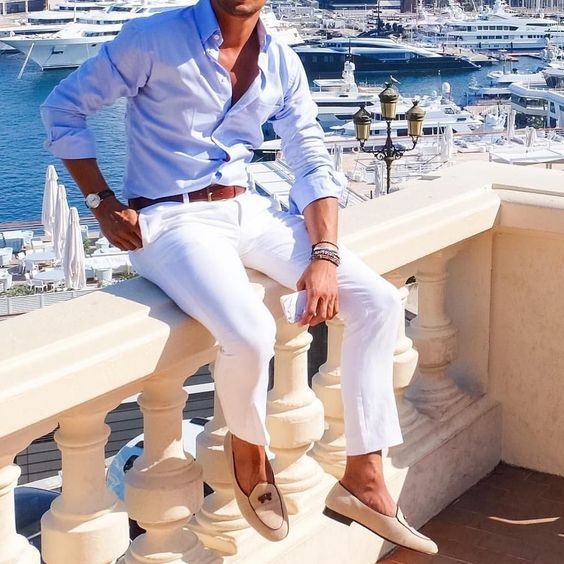 Memorial Day Weekend Travel Style Esssentials, men's linen pants, men's white linen pants and blue button down