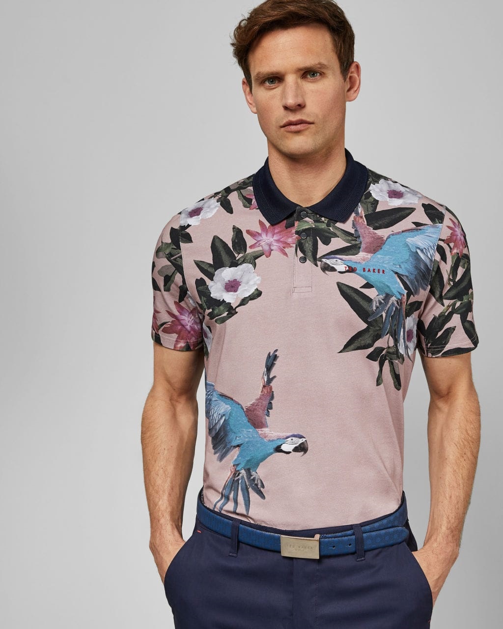 Memorial Day Weekend Travel Style Esssentials, men's print polo shirt, Ted Baker bird print golf polo shirt