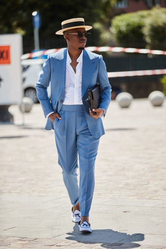 Men's Spring Suit Accessories, men's spring hats, men's hat and blue suit  with white button down-min