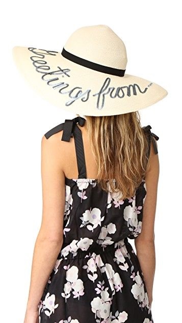 The Best Trends in Spring Summer Hats, vacation-ready hat, sunhat with phrase, Eugenia Kim