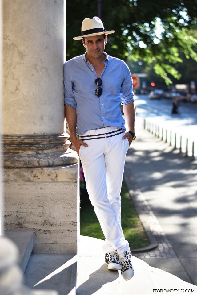 travel essentials for a stylish getaway, men's summer outfit blue shirt and white pants, panama hat, sunglasses