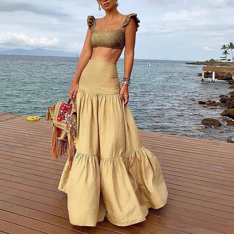 How to Make Bohemian Style Chic and Modern, gold high waist pleated maxi skirt with olive gold top