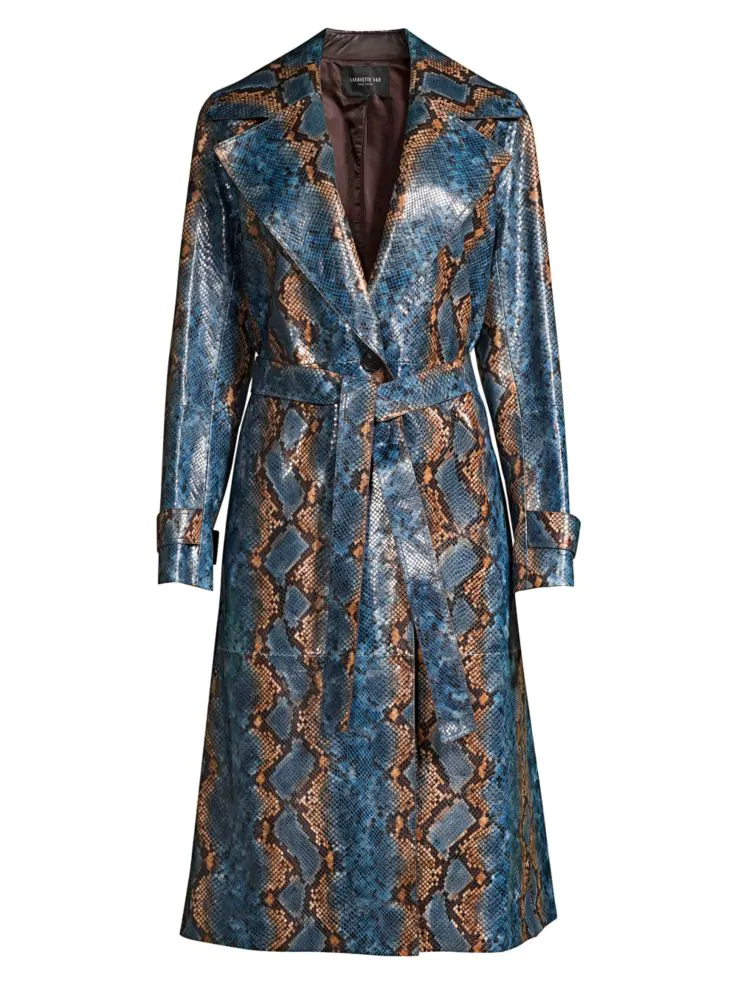 Get an Edge Up on Fall Outerwear, women's fall jacket trends 2019, statement trench coat, Lafayette 148 New York snakeskin leather trench coat