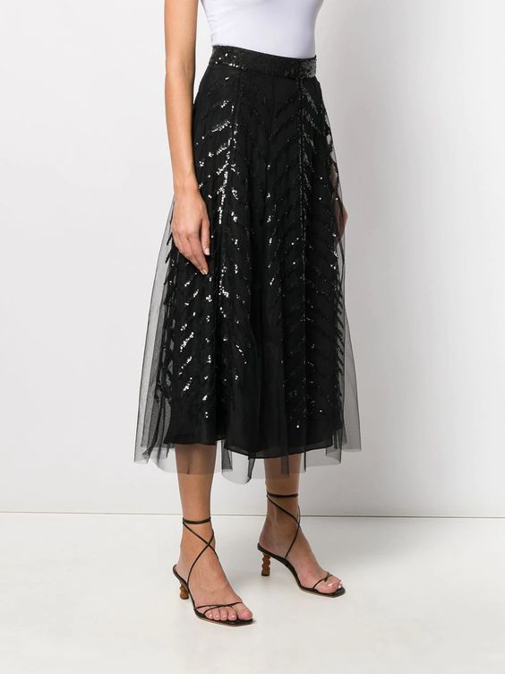 5 Trendy New Years Eve Outfits for Women and Ment, tulle skirt, Temperly Londo sequinned black tulle skirt