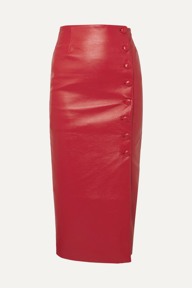 Stylish Looks for Holiday Travel, women's skiing mountain holiday outfit, MATERIEL button embellished faux leather red midi skirt