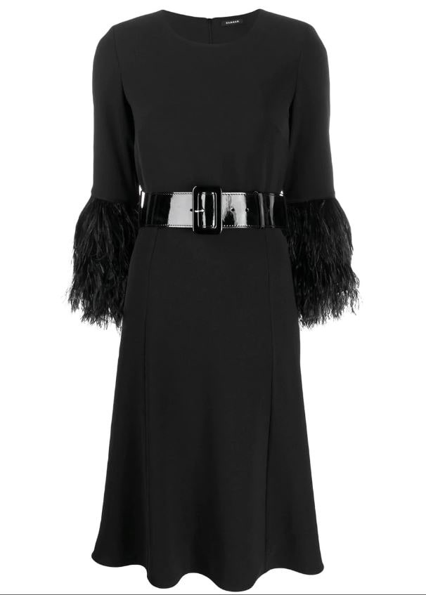 What to Wear this Holiday SeasonP.A.R.O.S.H. feather trim black midi dress