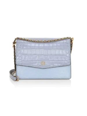 Monochromatic Style, blue monochromatic outfit, pale blue, Tory Burch Robinson crocodile embossed blue leather shoulder bag