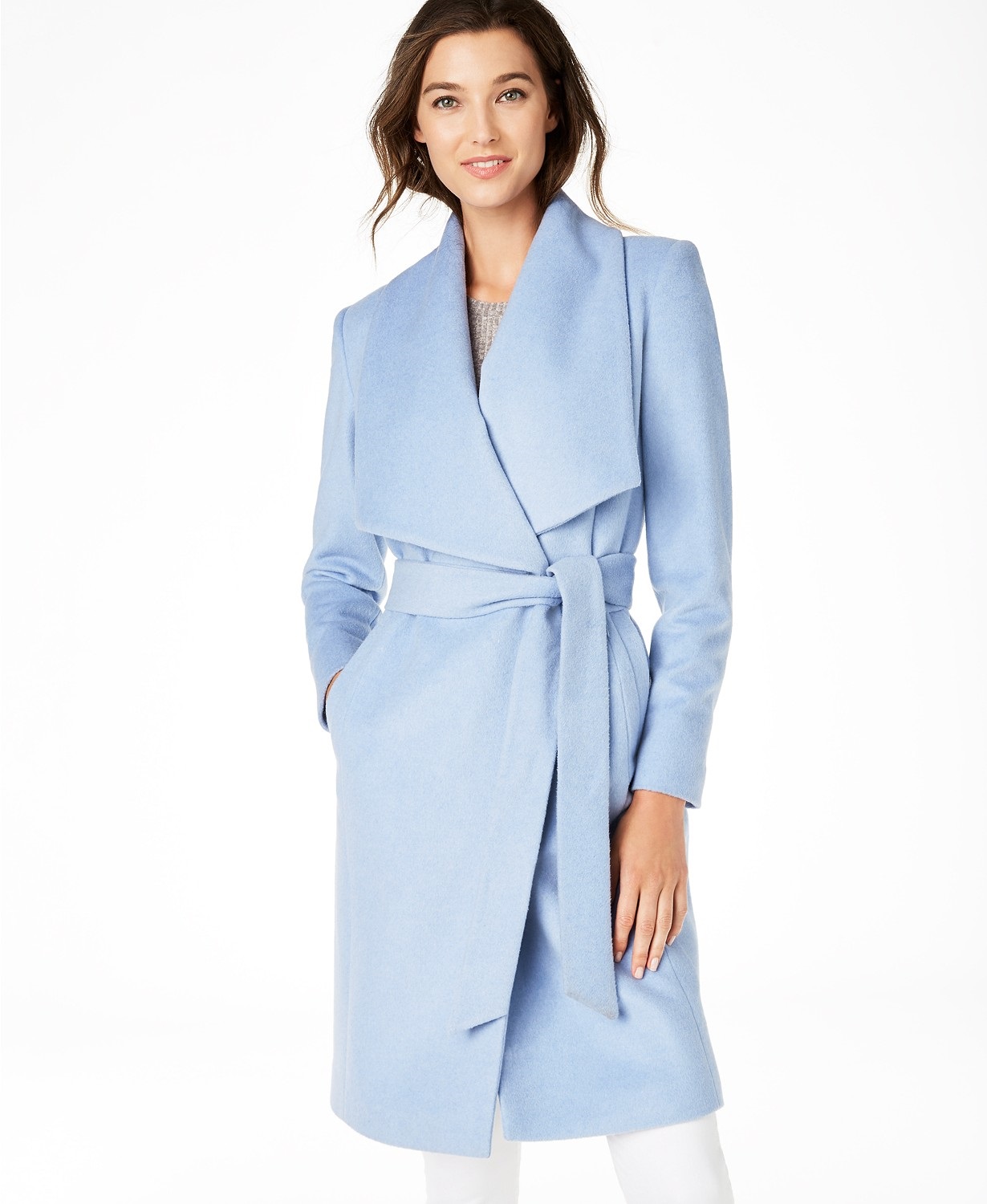 Monochromatic style, monochromatic outfits, pale blue outfit, Cole Haan ice blue wrap coat