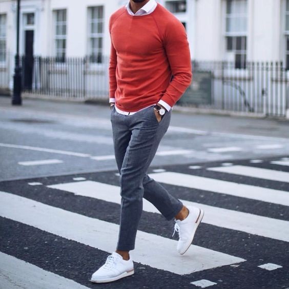 How to Create Men's Spring Capsule Wardobe in 8 pieces, men's colored sweater, men's spring outfit with bold color sweater and ankle length pants