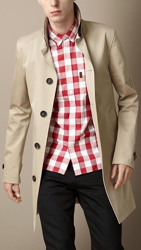 How to Create a Spring Capsule Wardrobe in 8 pieces, men's spring trench coat, Burgerry trench coat with red and white print checked shirt