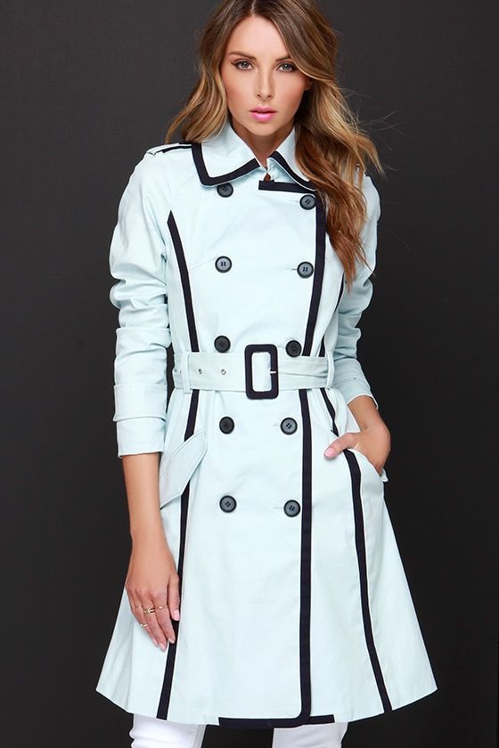 How to Create a Spring Capsule Wardrobe in 8 pieces, women's spring trench coat, women's light blue trench coat with black piping