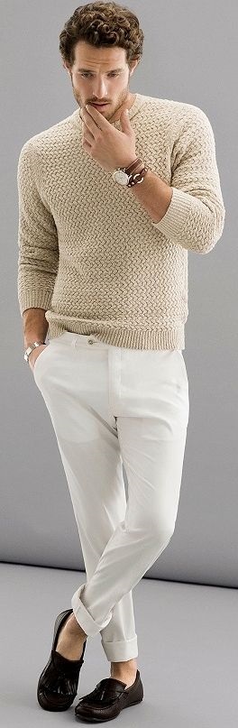 Spring Neutrals, beige and white outfit, men's beige sweater and white jeans