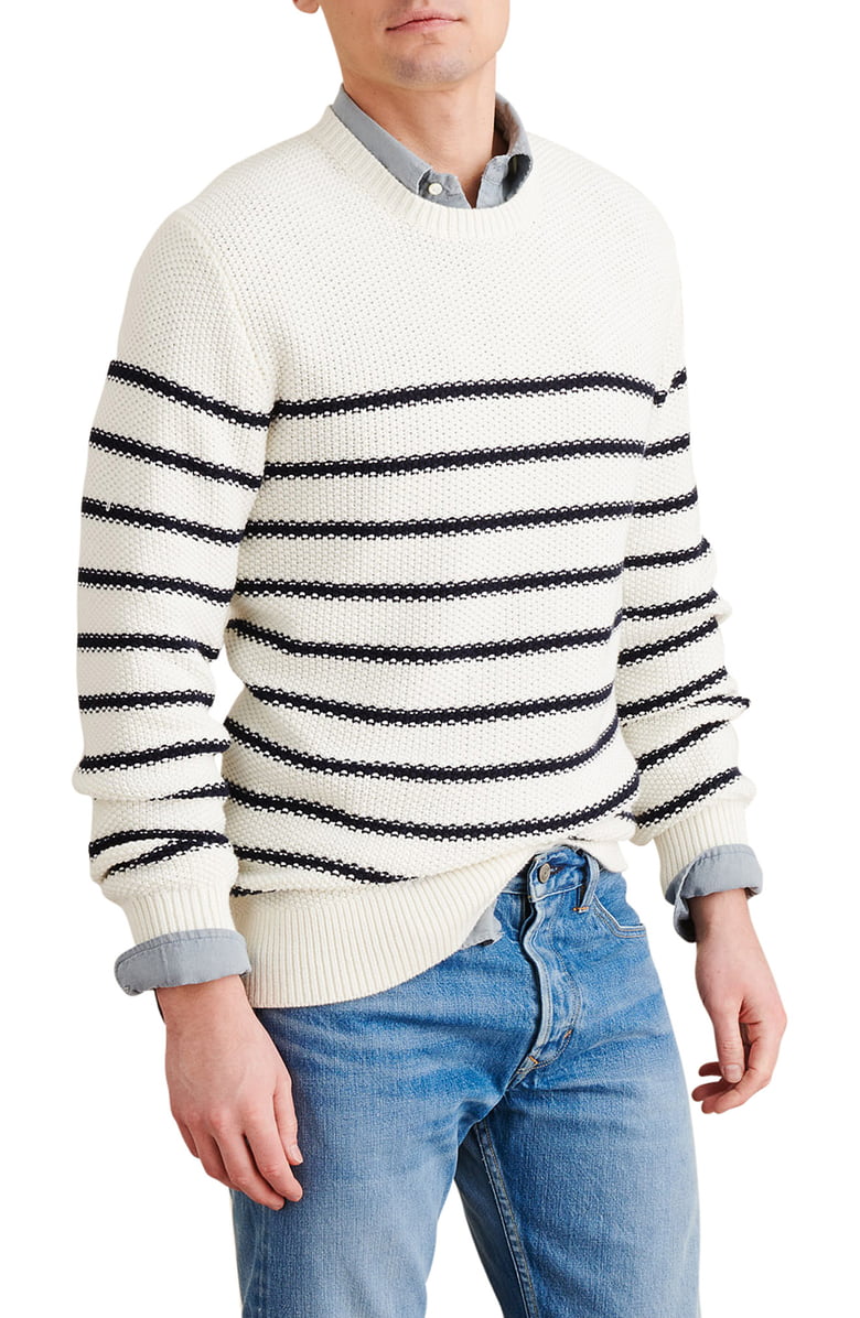 Spring Neutrals, spring men's striped outfit, men's striped sweater, Alex Mill textured stripe sweater