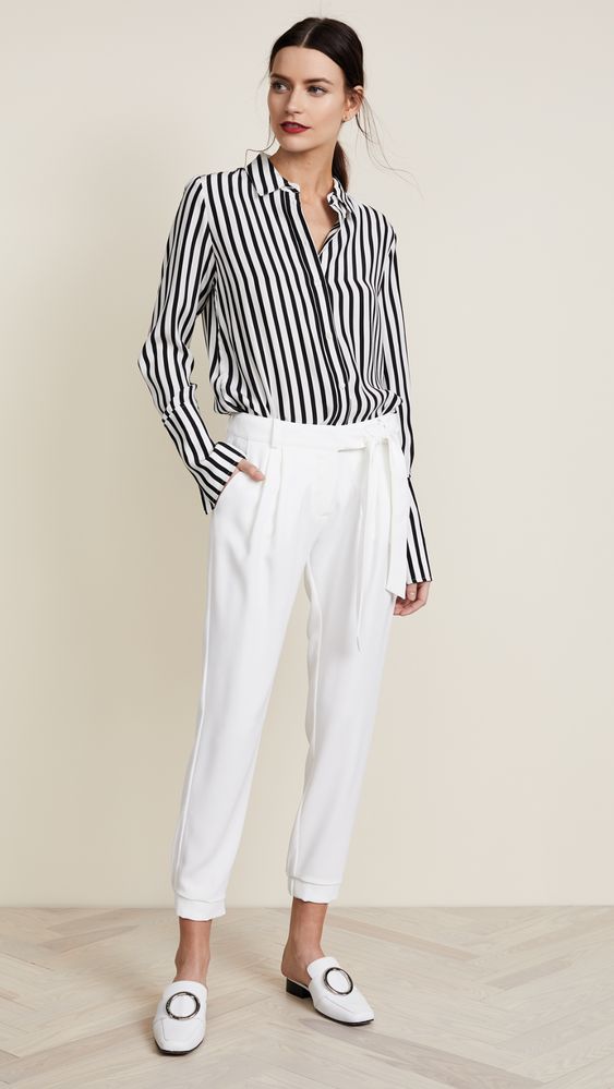 Spring Neutrals, spring neutral outfit, women's black and white spring outfit, Frame black and white striped blouse, Parker elliott white ankle length pants