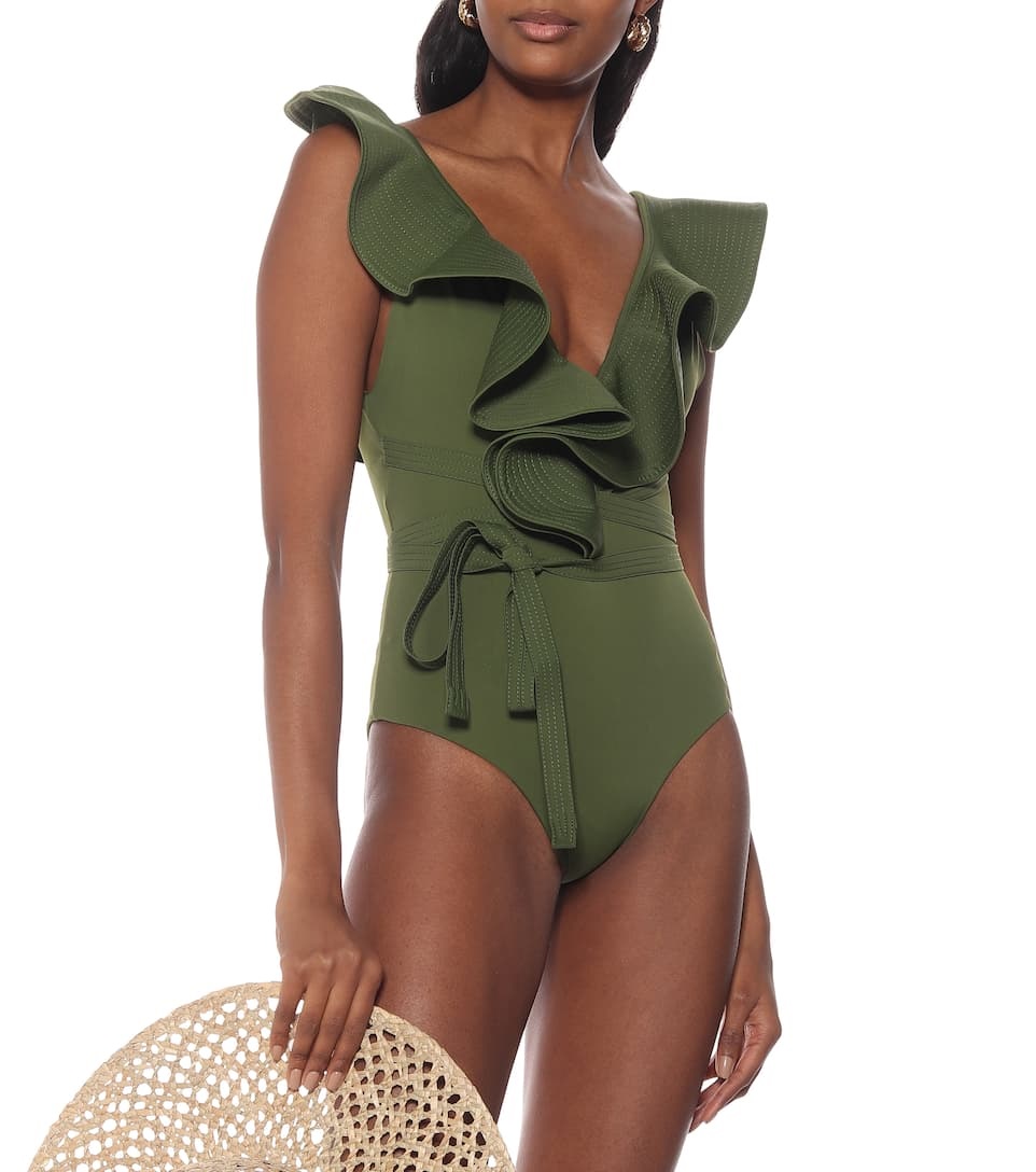 Summer wardrobe essentials, women's bathing suits, JOHANNA ORTIZ on the shore rulled olive swimsuit