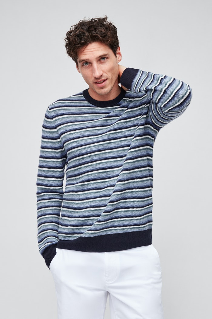Sunny and Stylish Labor Day Weekend Outfits, Bonobos Cotton Linen Crew Neck Sweater blue multi stripe