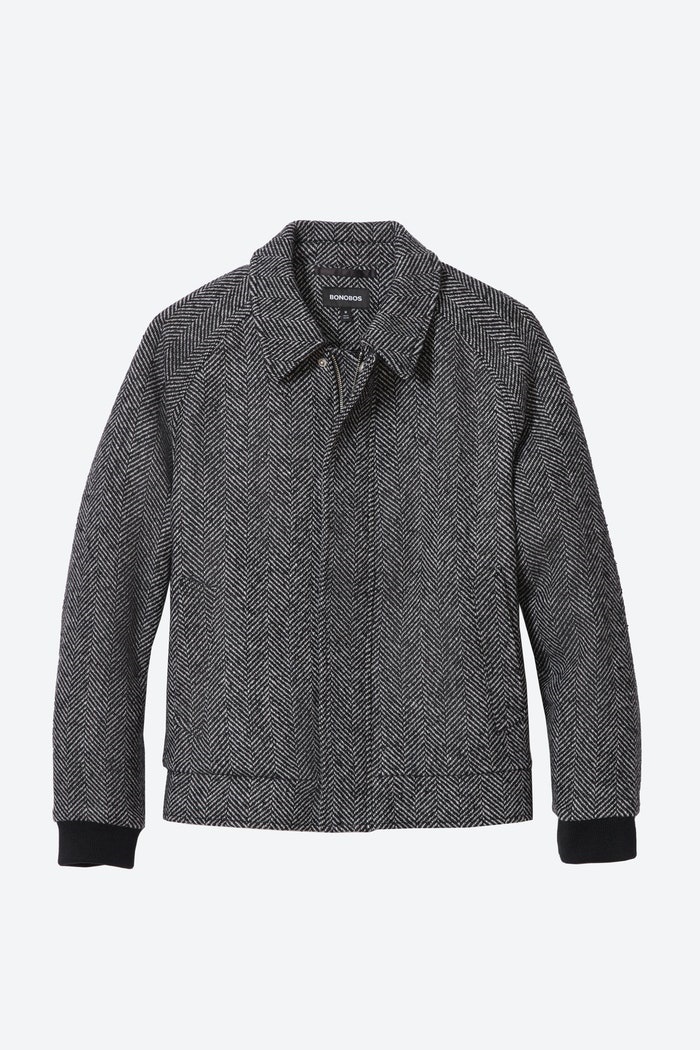 Power Outerwear, men's print coats, men's print jackets, men's coat trends 2020, Bonobos wool bomber jacket in black and white herringbone