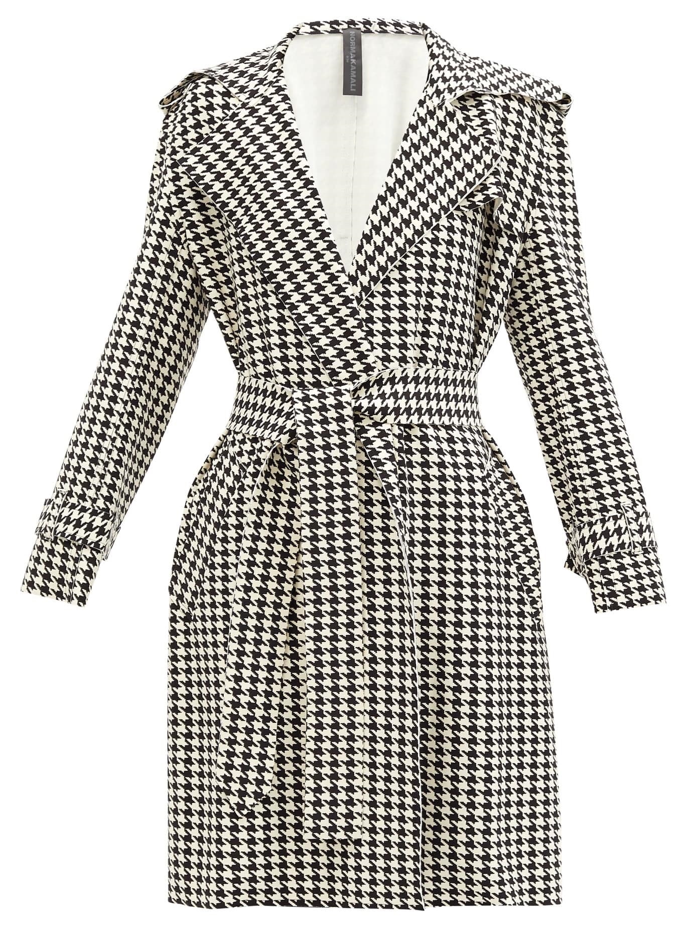 Power Outerwear...Cool Coats for Cool Days, print coats, Norma Kamali houndstooth print belted trench coat-min