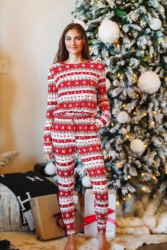 Cozy Christmas Pajamas, women's thermal pajamas, fair isle pajamas, reindeer games red and green pajama set