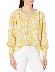 Divine Style Amazon women's spring fashion, VELVET yellow floral tie neck blouse