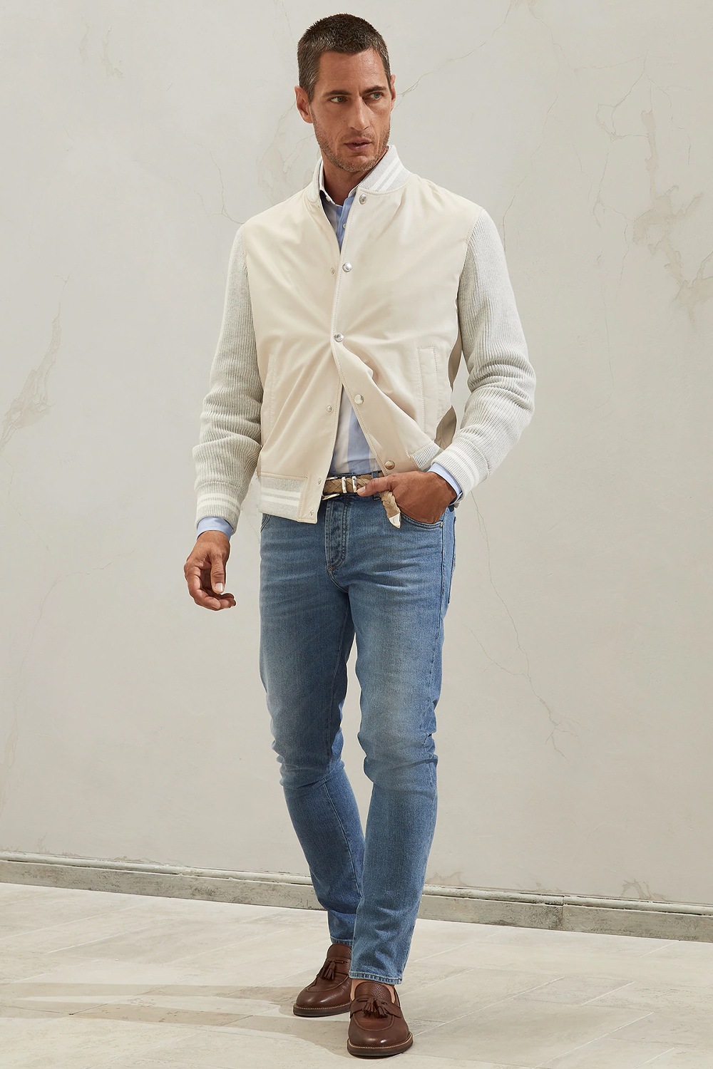 What Should Be On Your Style Radar for Spring? Mid wash denim, Brunellow Cucinelli men's mid wash denim