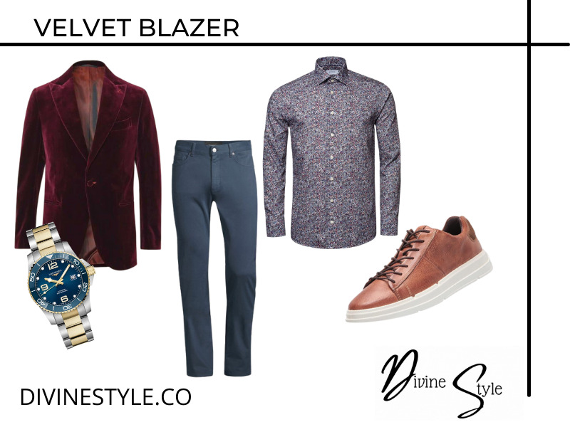 How to Wear Velvet this Holiday Season, men's velvet blazer outfit, men's burgundy velvet blazer with jeans outfit