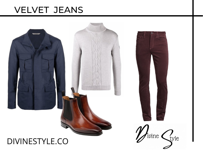 How to Wear Velvet this Holiday Season, men's velvet jeans, men's velvet jeans outfit