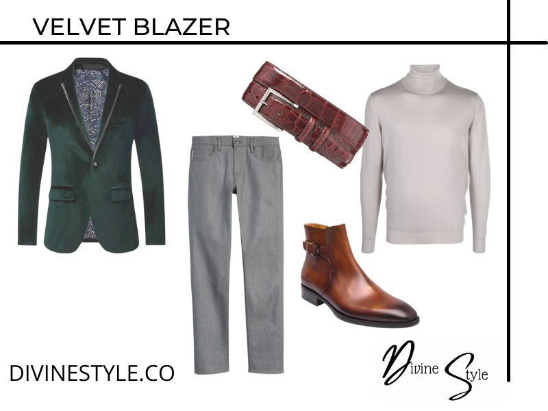 How to Wear Velvet this Holiday Seasonmen's velvet blazer outfit, men's green velvet blazer with gray jeans and turtleneck sweater