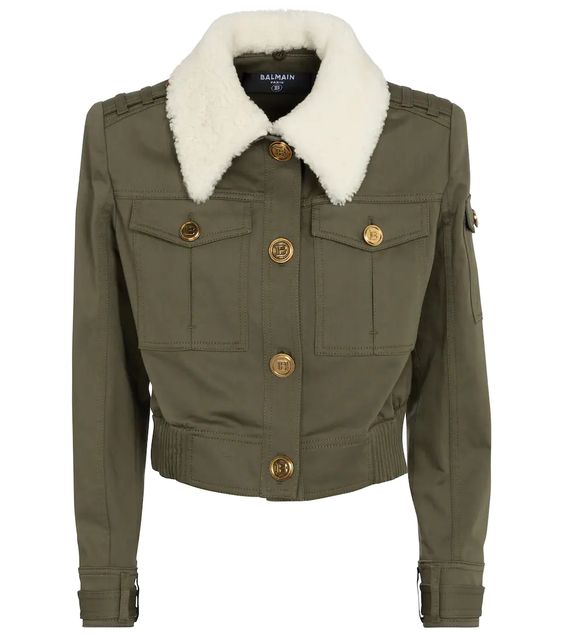 Chic Jackets for Perfect Winter Layering, BALMAIN olive denim jacket with shearling trim
