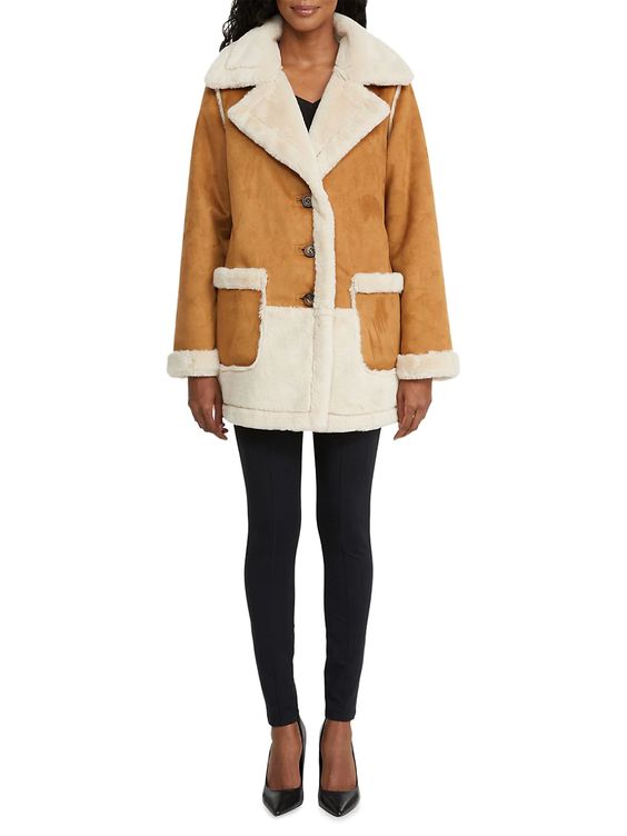 Chic Jackets for Perfect Winter Layering, Badgley Mischka Reversible Faux Shearling Jacket in luggage, tan and off white