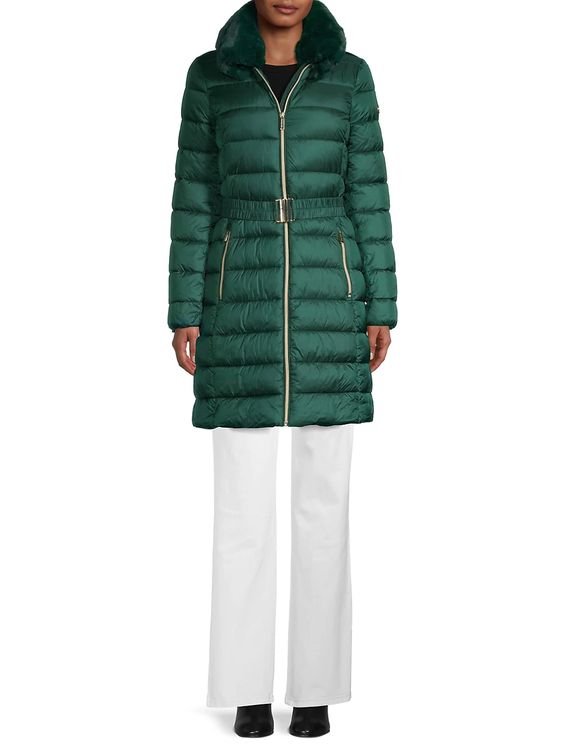 Chic Jackets for Perfect Winter Layering, Michael Michael Kors green Faux Fur Longline Puffer Jacket