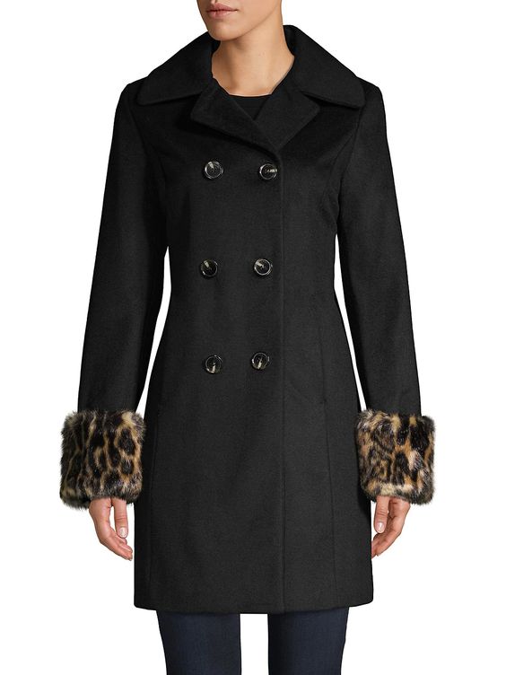 Chic Jackets for Perfect Winter Layering, Tahari black faux fur leopard cuffs wool blend double breasted coat