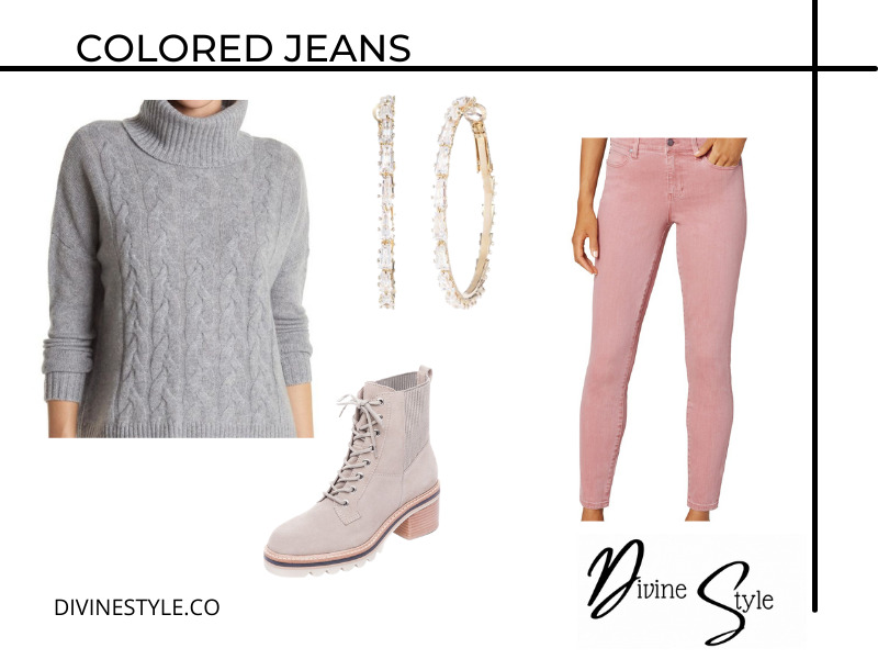 Winter Casual Outfit Formulas, colored jeans + gray sweater outfit, women's winter outfit