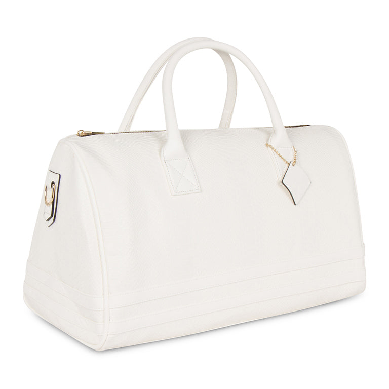 Favorite Travel Accessories to Stay Organized, women's weekender bag, Tote&Carry White Apollo 1 Duffle snakeskin